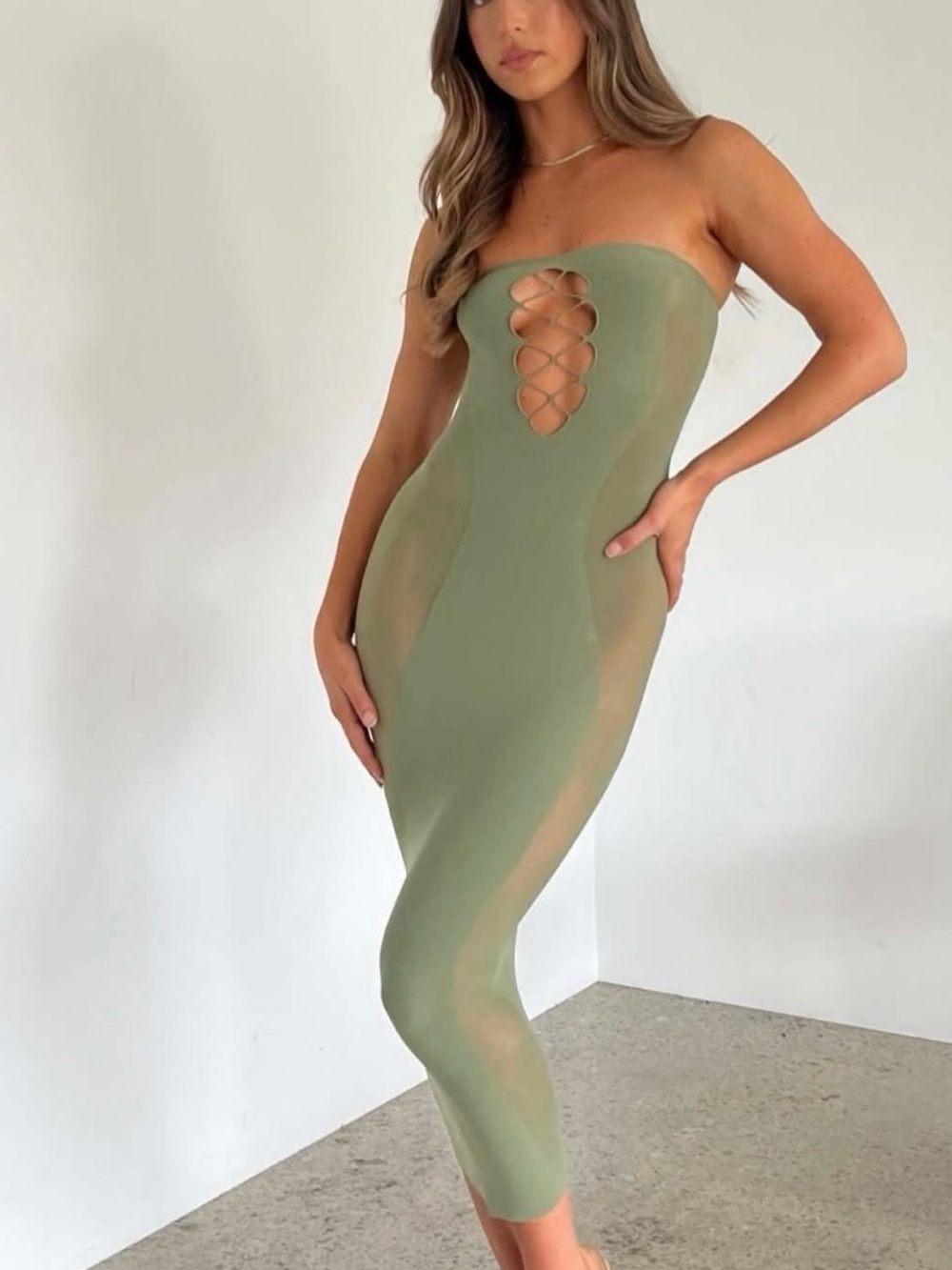 White Fox Boutique Strapless Olive Green Lace-Up Midi Dress